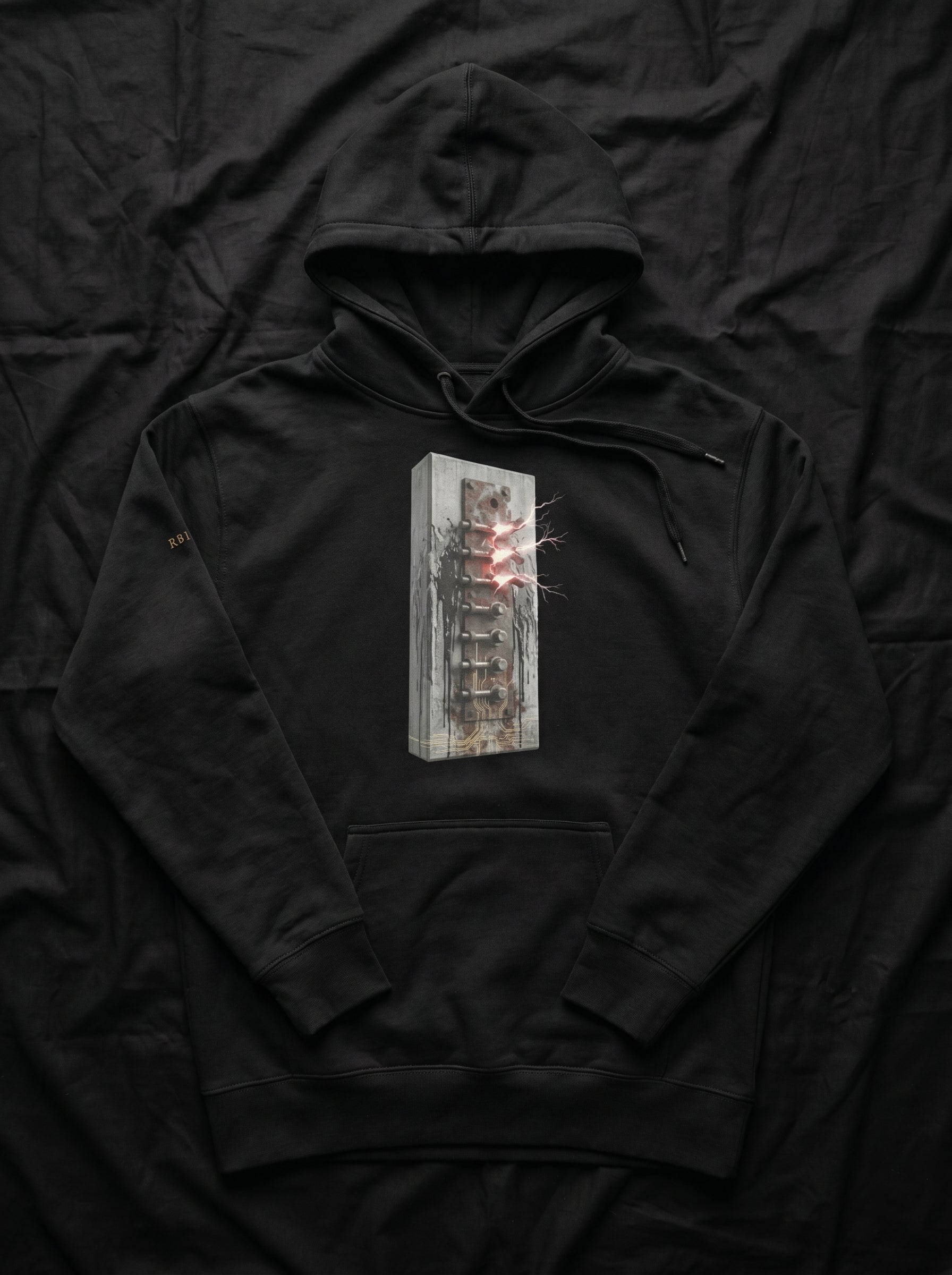 Front flat view of the Selah Supply Co. Black Transmission: Override hoodie, displaying the detailed high-definition structural grid graphic and technical print design.