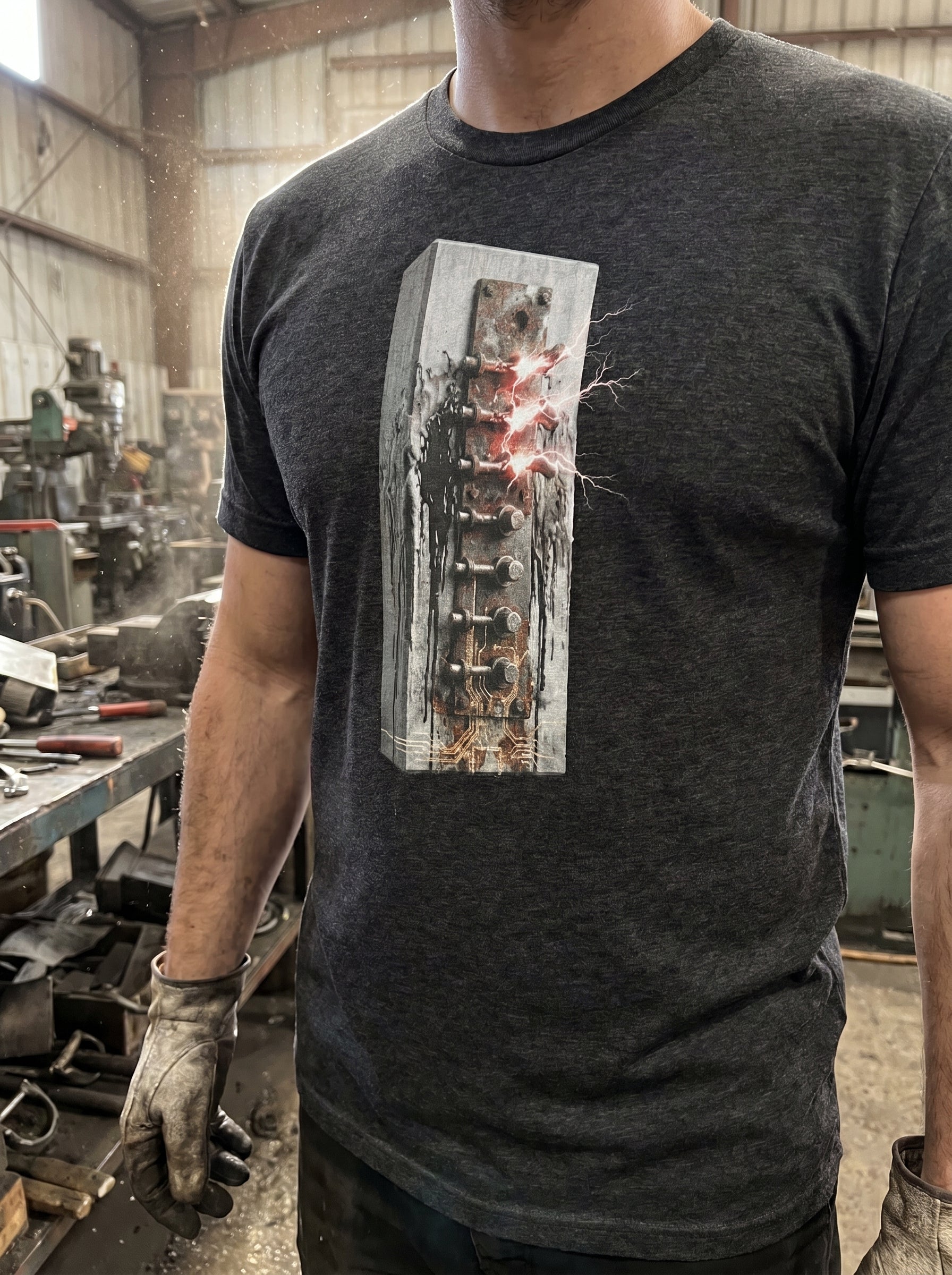 Front-facing vertical apparel lookbook photograph of a model wearing a dark grey heather t-shirt. The garment features a large, centered vertical brutalist graphic on the chest depicting a technical mechanical spine layout with sharp desaturated line-work and red accents. Set against an indoor industrial workshop background.