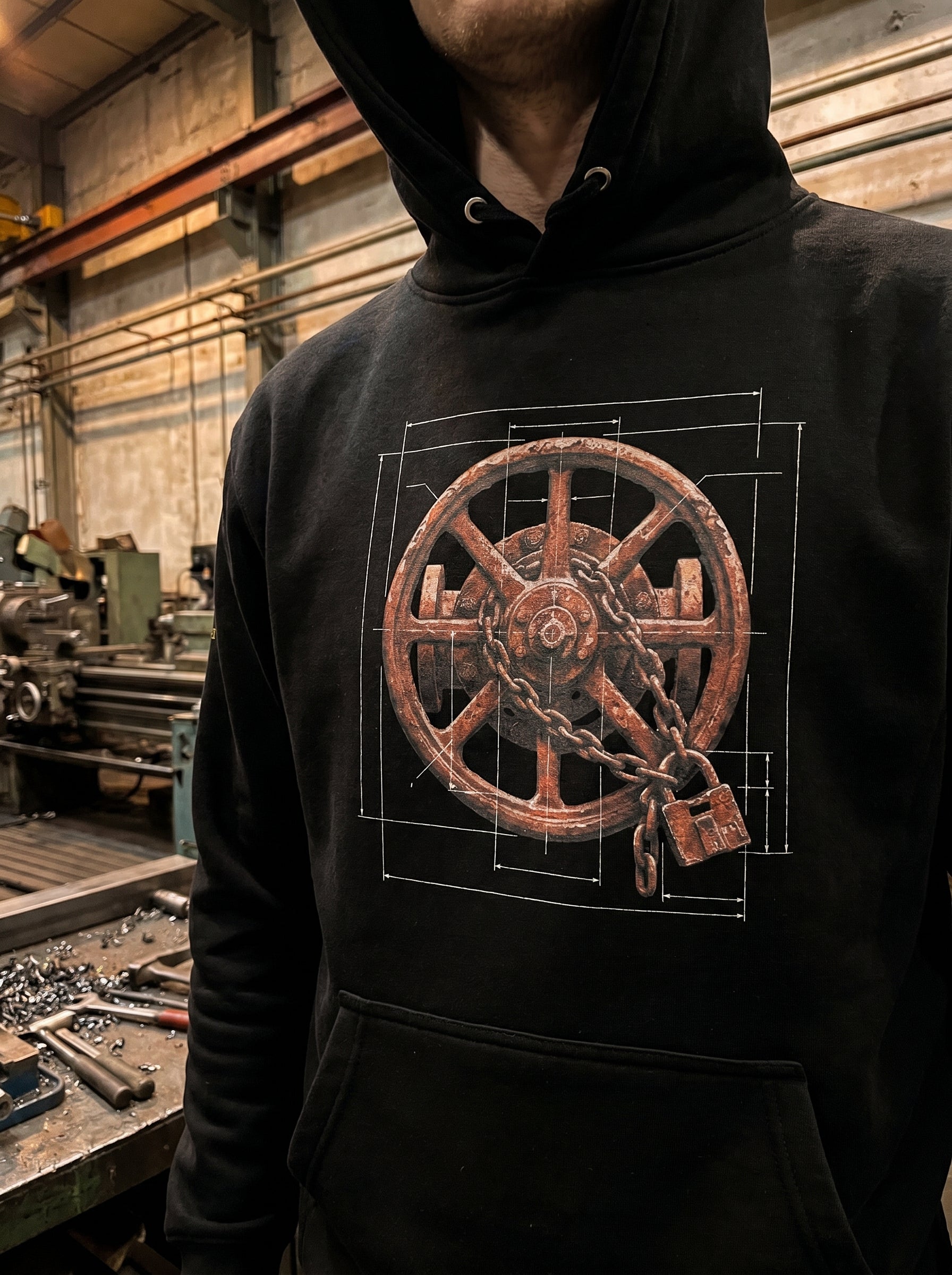 Front-facing vertical lookbook photograph of a model wearing a black premium graphic hoodie. The chest print features a prominent industrial graphic of a weathered wooden wheel bound by a heavy metal chain and padlock, layered over a white technical blueprint grid schematic. Set against an outdoor industrial backdrop of plumbing pipes.