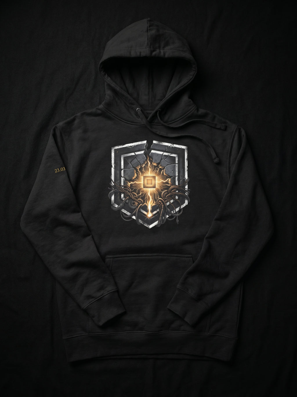 Front flat view of the Selah Supply Co. Black Transmission: Mustard // FREQ 13.03 hoodie, highlighting the high-definition industrial micro-chip and grid graphic print.