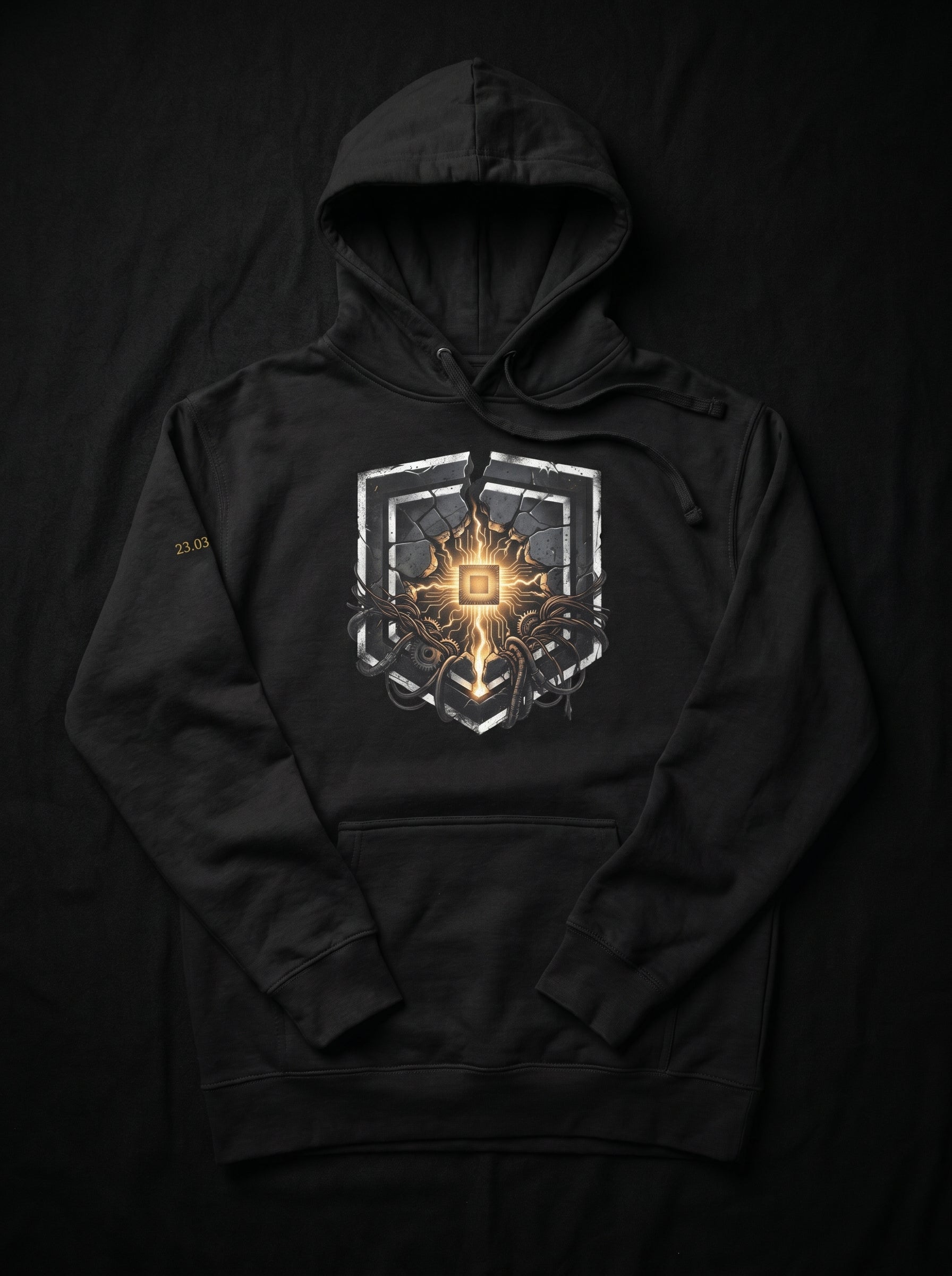 Front flat view of the Selah Supply Co. Black Transmission: Mustard // FREQ 13.03 hoodie, highlighting the high-definition industrial micro-chip and grid graphic print.