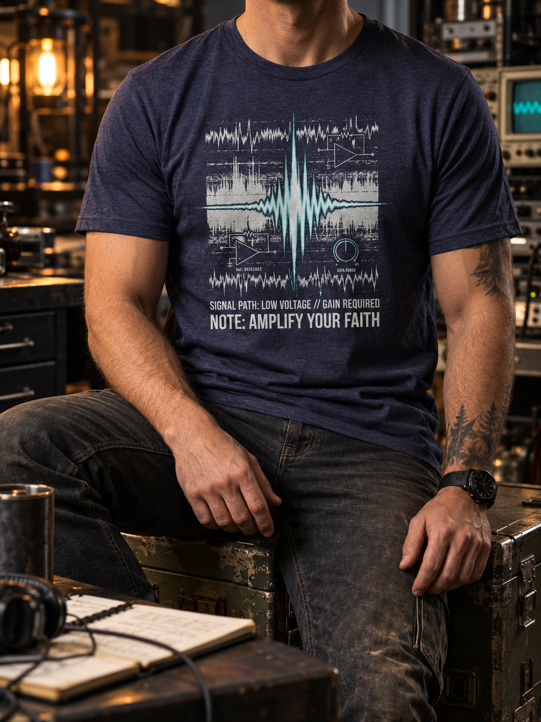 A man wearing a navy blue graphic t-shirt with a white and teal soundwave design and the text 'SIGNAL PATH: LOW VOLTAGE // GAIN REQUIRED NOTE: AMPLIFY YOUR FAITH', sitting in a workshop environment.