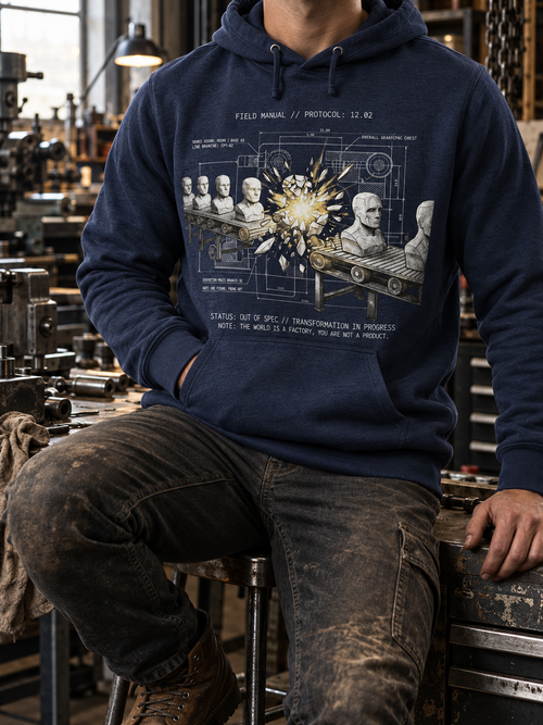 A person wearing a navy blue hoodie with a detailed blueprint-style graphic of classical bust sculptures and technical text, seated in a workshop environment.