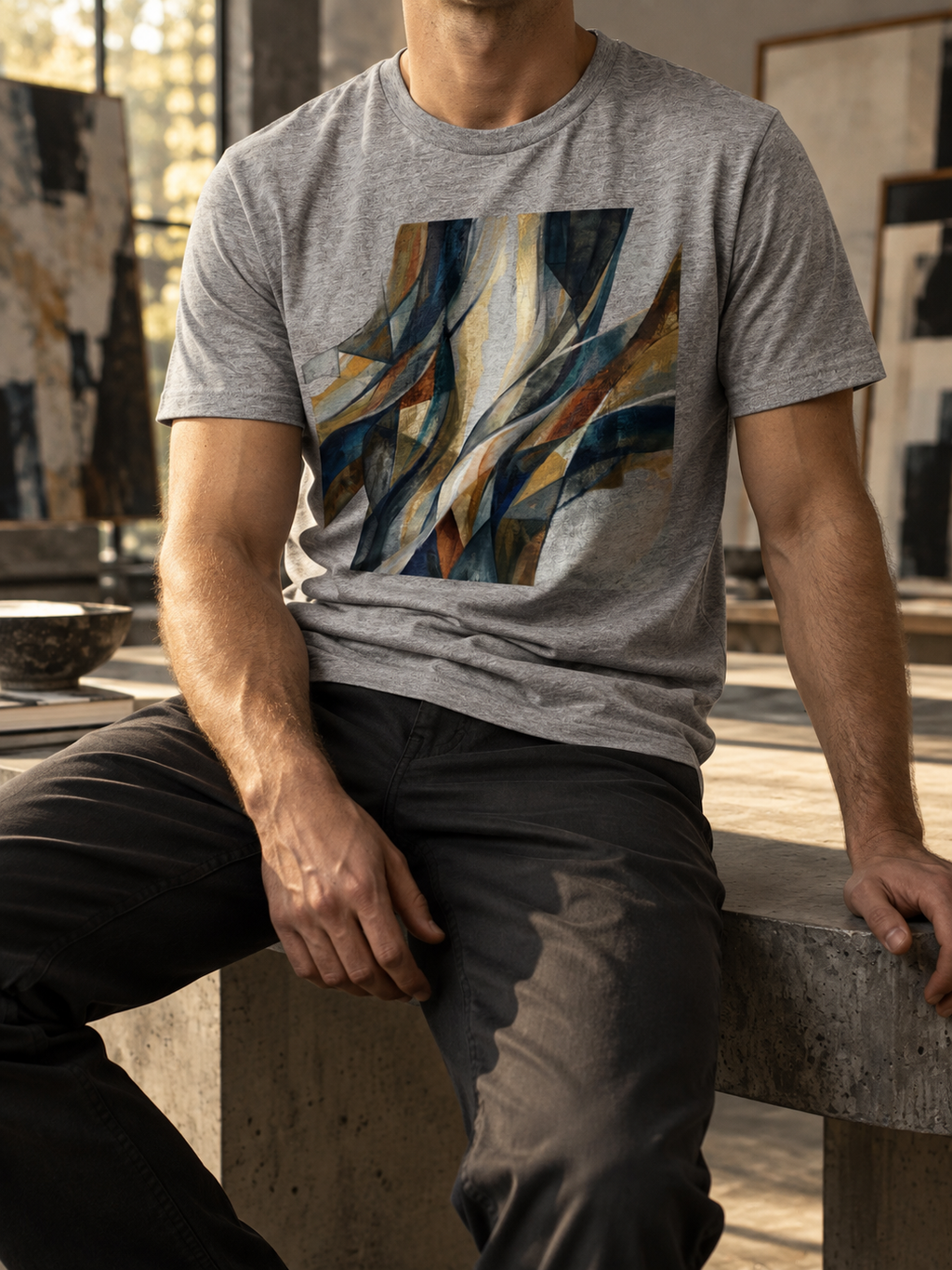Model wearing the Athletic Heather Imputed Tee with blue, charcoal and gold fracture artwork.