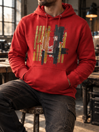 Model wearing the Team Red Tares hoodie, showing gold and dark vertical bars, grid lines and a red spiral.