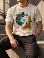 Model wearing the Heather Dust Ex Nihilo Tee with abstract vortex, red line and geometric grid artwork.