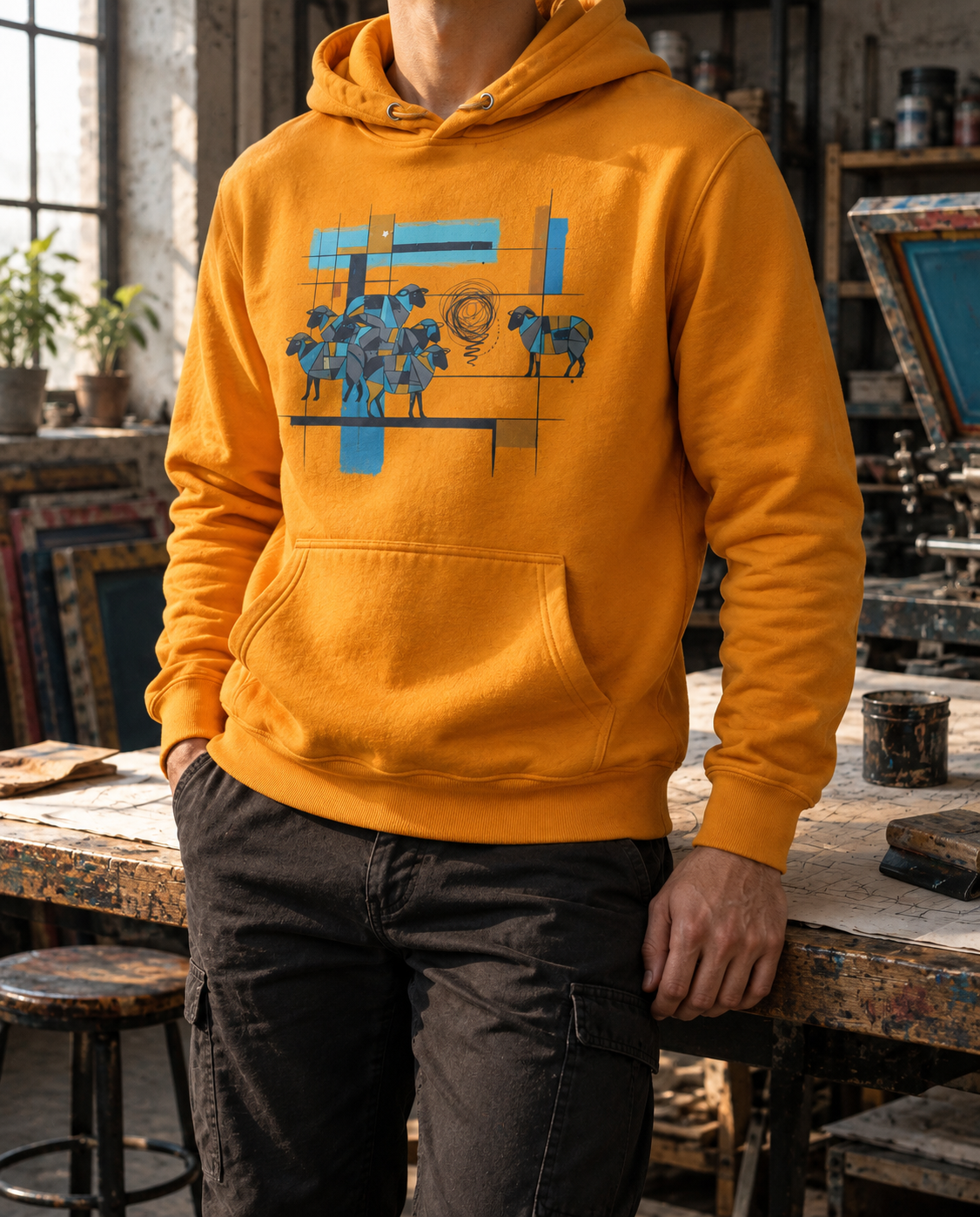 A person wearing a mustard yellow hoodie with a blue graphic print of horses and geometric lines, standing in a workshop environment.