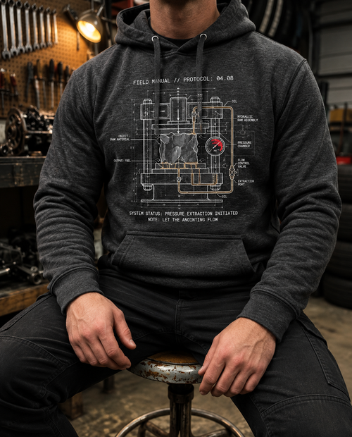 A man wearing a dark charcoal heathered hoodie with a vintage-style technical schematic print on the front, sitting on a metal stool in a workshop environment.