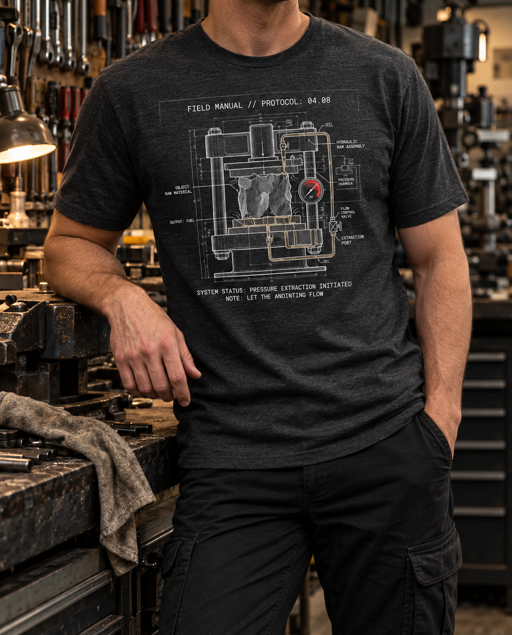 Front view of a standing model in a workshop, wearing a dark heather gray T-shirt with a white hydraulic press schematic with a red pressure gauge centered on the front.