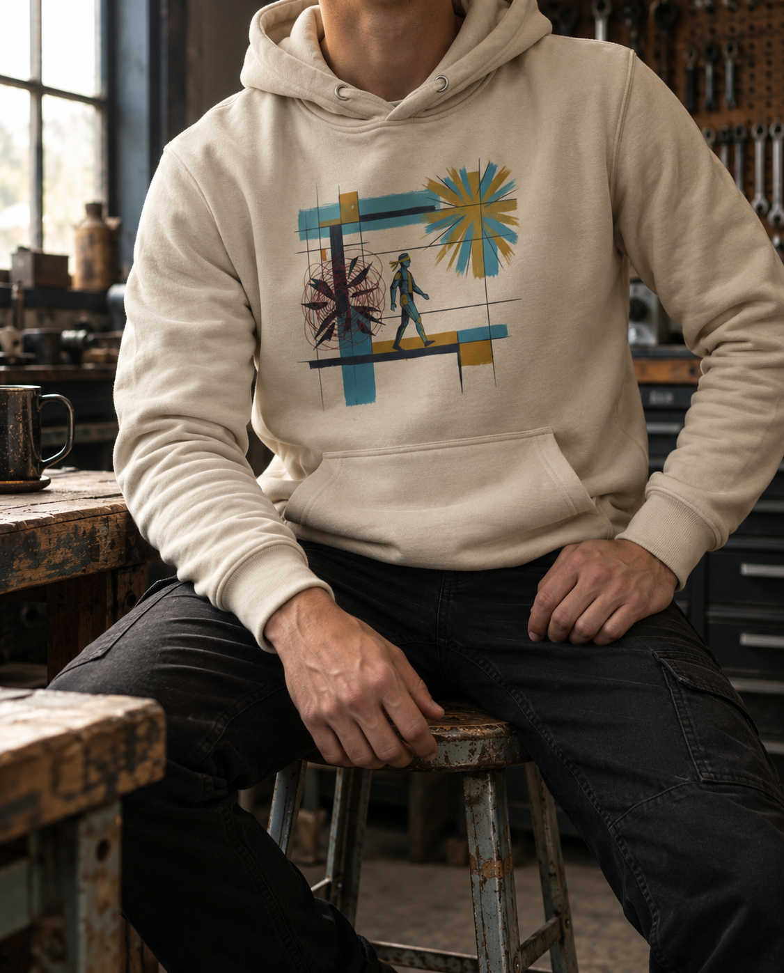 A man wearing a beige hoodie with a colorful geometric and figure graphic on the chest, sitting on a rustic stool in a workshop environment.