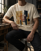 Model wearing the Natural Tares tee, showing gold and dark vertical bars, grid lines and a red spiral.