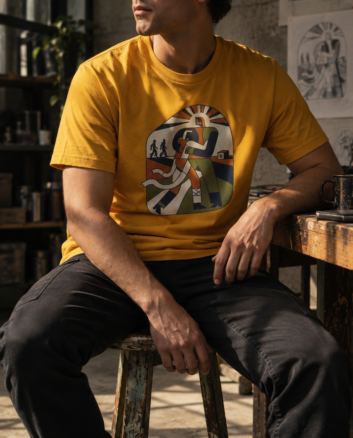 Model seated wearing the Mustard Two Denarii Tee with a central figure supporting a wounded person, flowing white cloth and smaller walking figures.