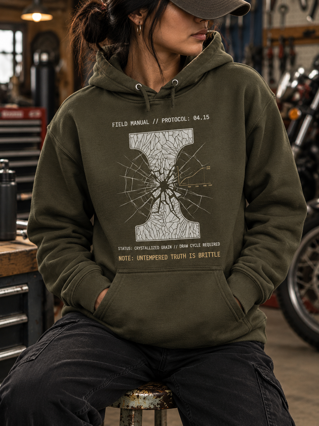 A woman wearing an olive green pullover hoodie with a large white graphic print on the front, seated in a workshop environment with tools and a motorcycle visible in the background.