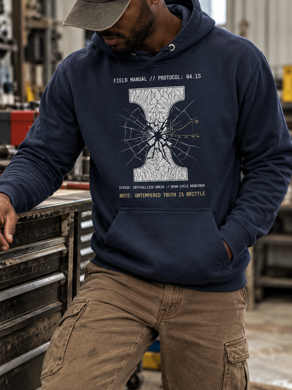 A man wearing a navy blue hoodie with a white cracked-glass graphic and text on the front, paired with tan cargo pants, standing in a workshop environment.
