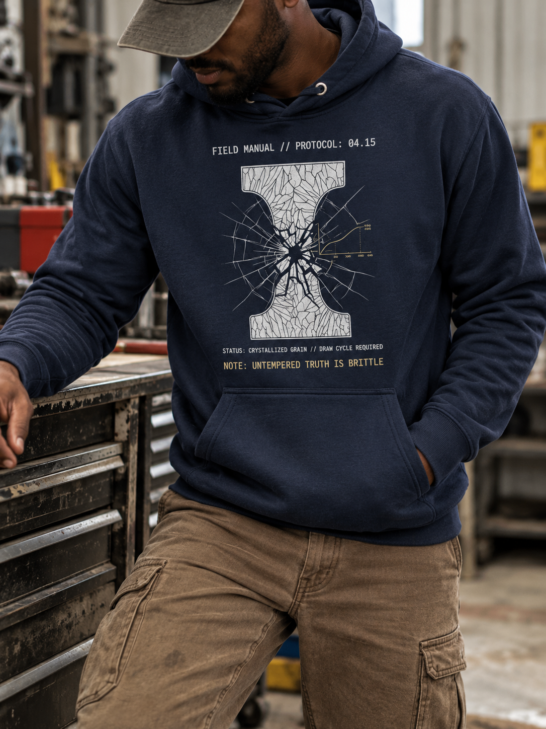 A man wearing a navy blue hoodie with a white cracked-glass graphic and text on the front, paired with tan cargo pants, standing in a workshop environment.