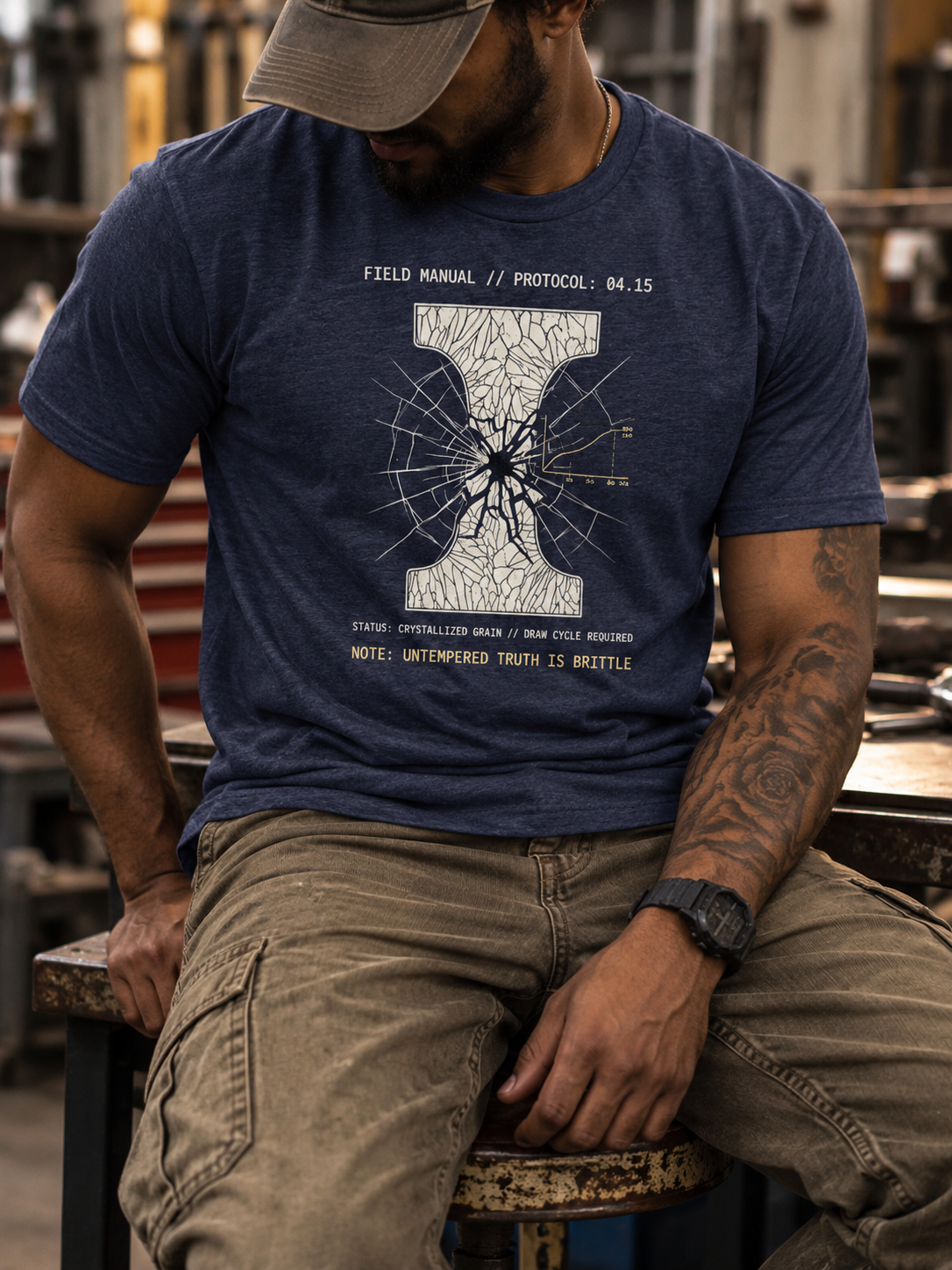 Front view of a seated model in a workshop, wearing a heather navy T-shirt with a white I-shaped section with a shattered center and radiating fracture lines centered on the front.