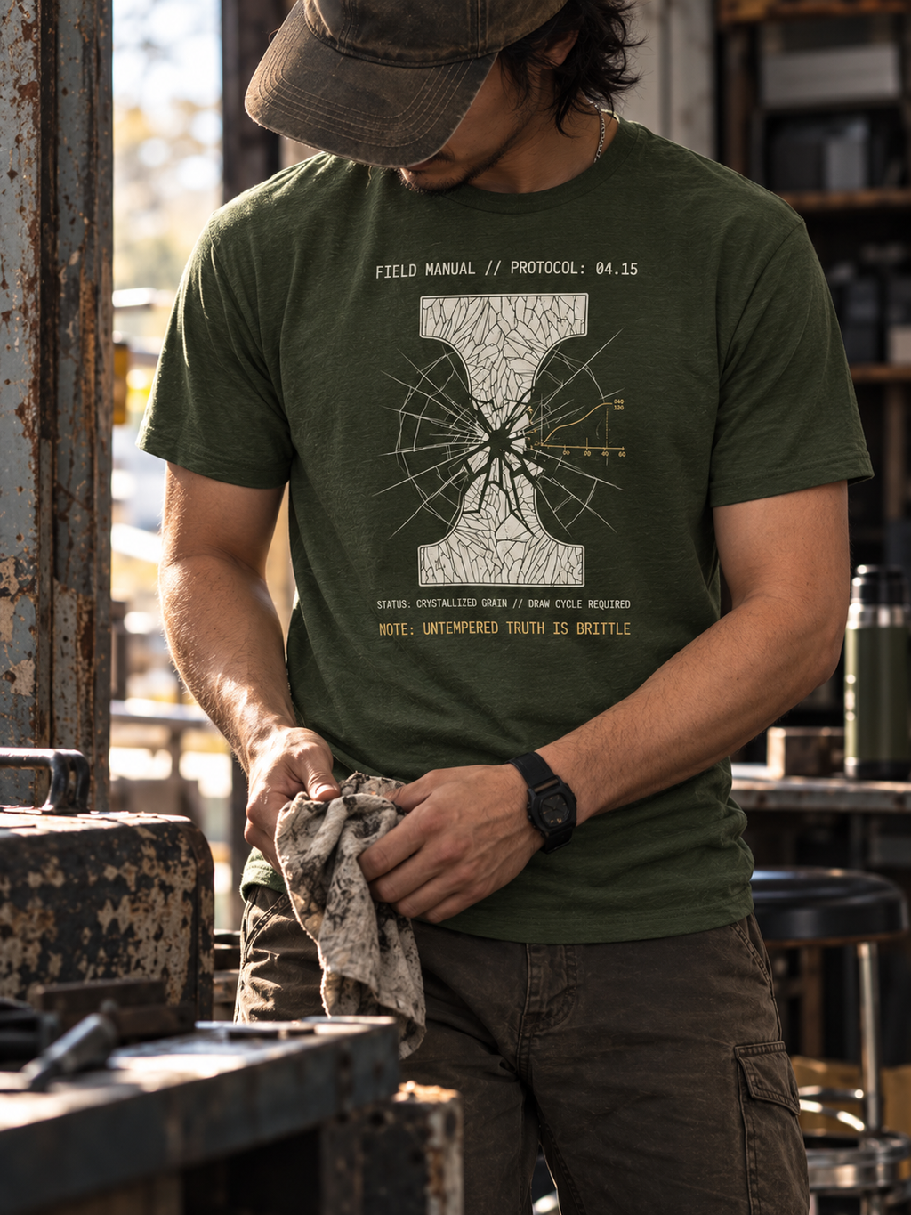 Front view of a standing model in a workshop, wearing a heather olive T-shirt with a white I-shaped section with a shattered center and radiating fracture lines centered on the front.