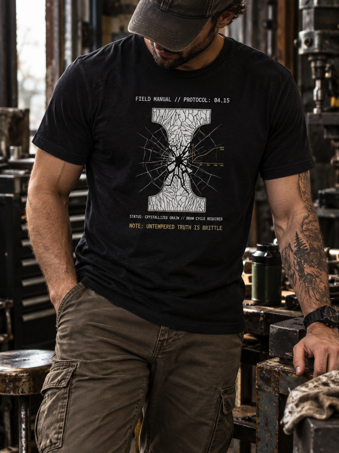 Front view of a standing model in a workshop, wearing a black heather T-shirt with a white I-shaped section with a shattered center and radiating fracture lines centered on the front.