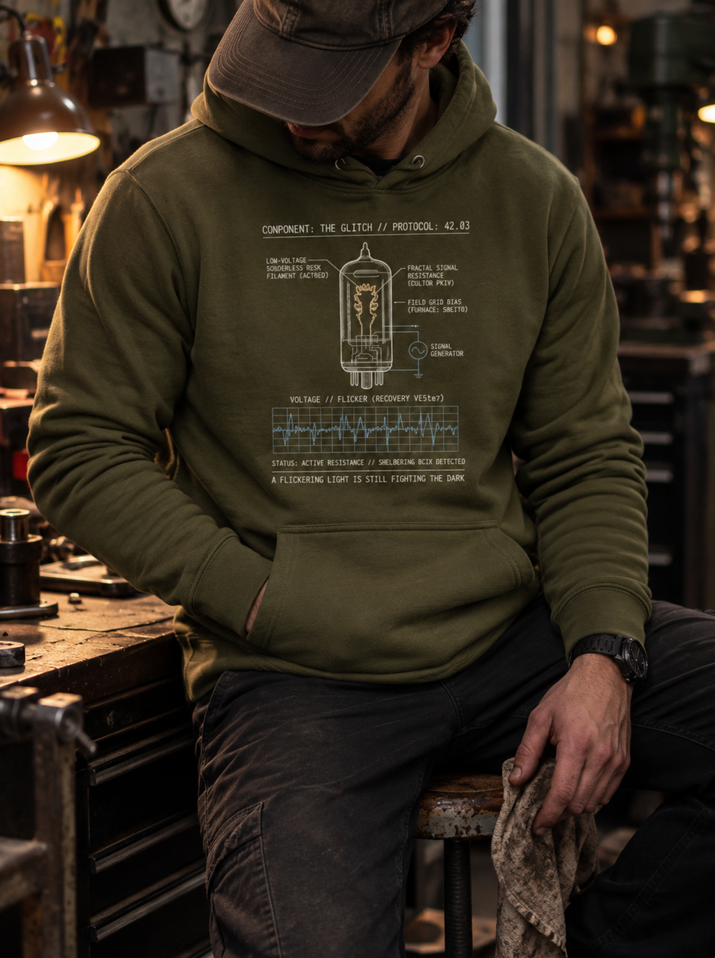 Model seated beside a workbench wearing a Military Green Glitch hoodie with a tube schematic and flicker graph above the pouch pocket.