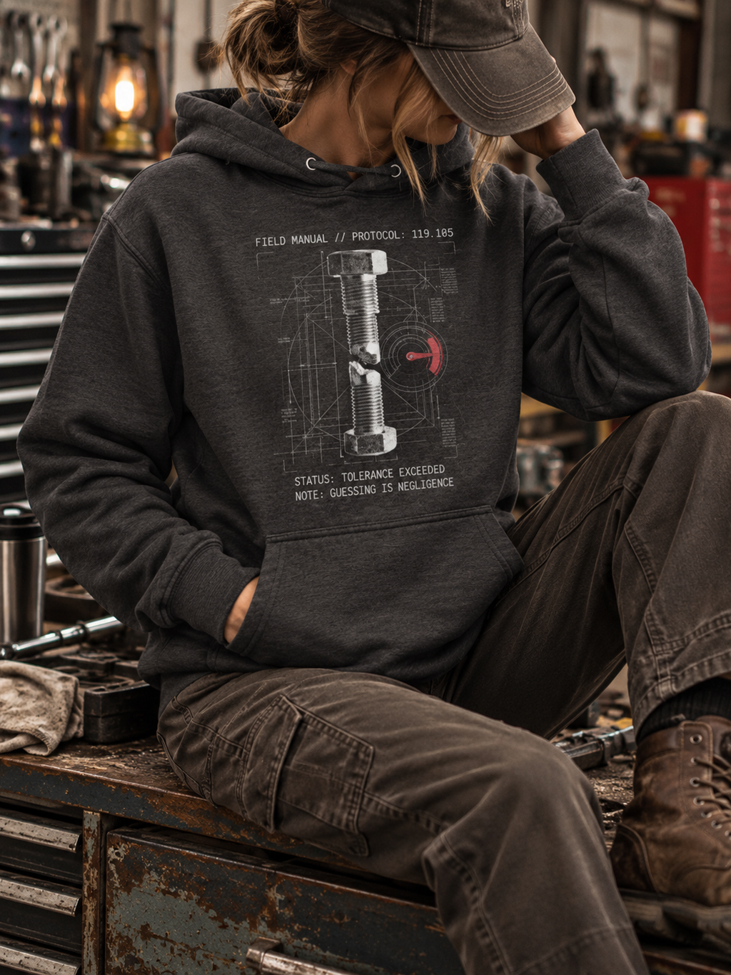 Model seated in a workshop wearing a Charcoal Heather Torque hoodie, face obscured by a cap, with the sheared-bolt graphic above the pouch pocket.
