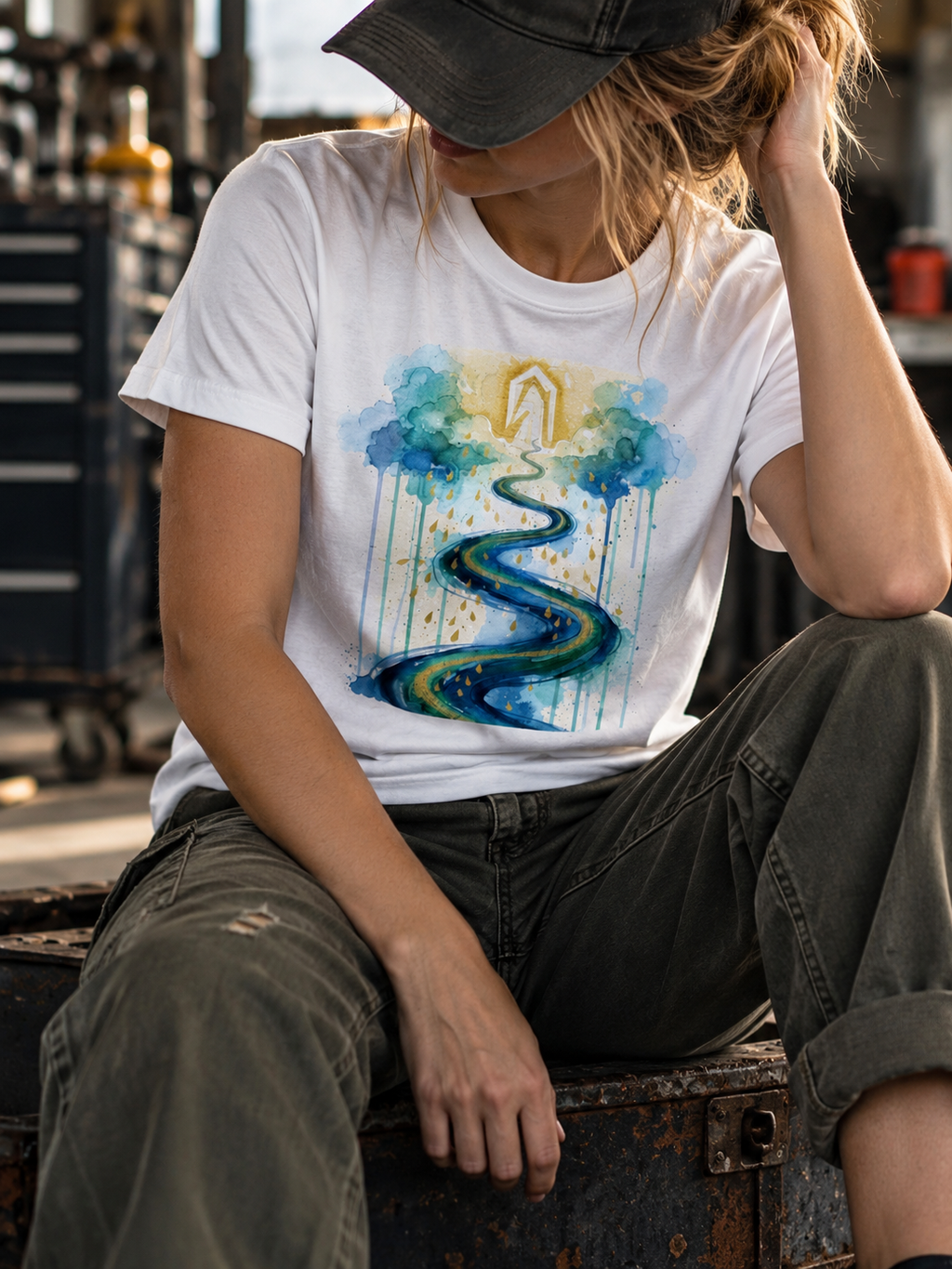 Woman seated in a workshop wearing the white Impossible Tee, with a golden arch, clouds and a winding blue and gold river printed on the front.