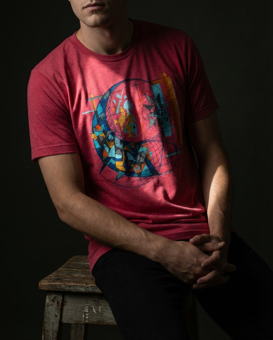 Person wearing a red t-shirt with a colorful graphic design, sitting on a wooden stool against a dark background.