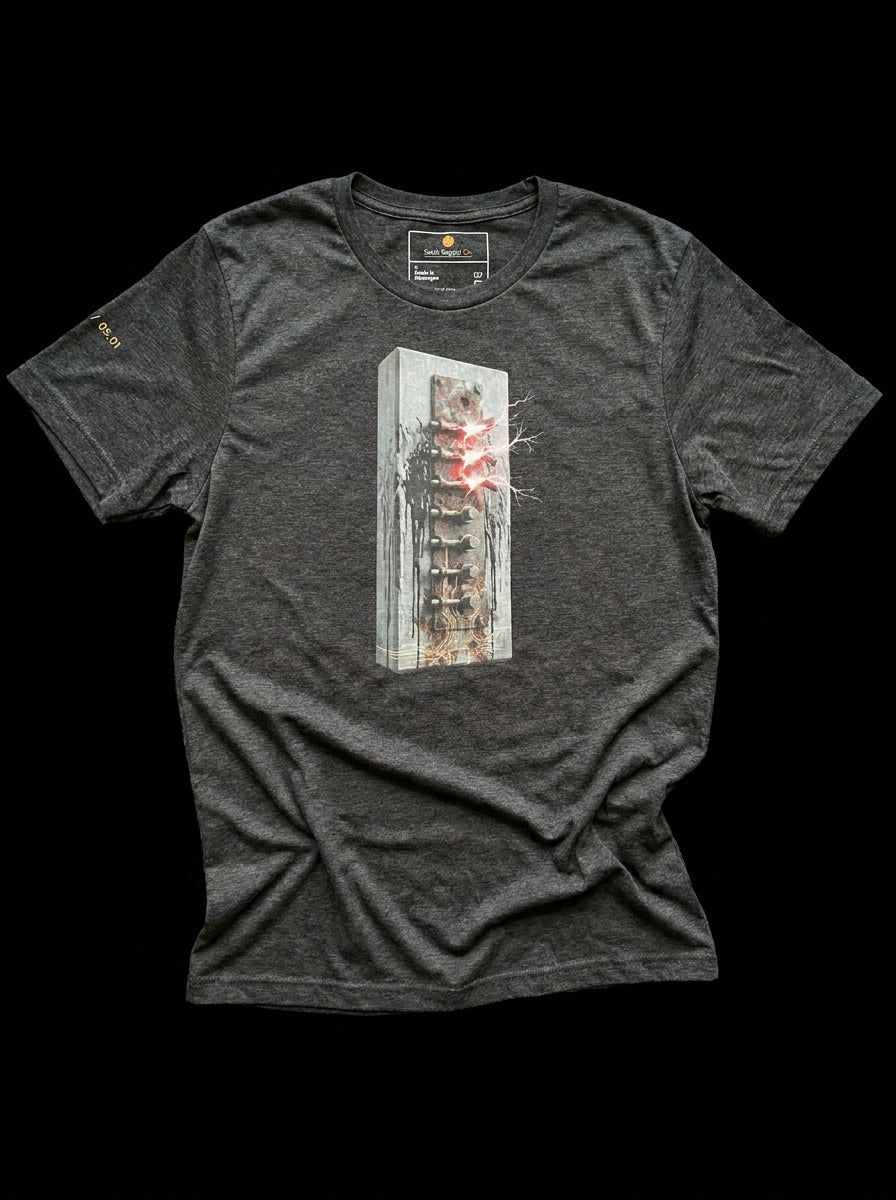 An isolated product flat-lay mockup of the premium dark grey heather graphic t-shirt, displayed flat against an absolute solid black background. The layout perfectly showcases the full vertical span of the mechanical spine schematic design with its high-contrast technical framing and crimson accents.