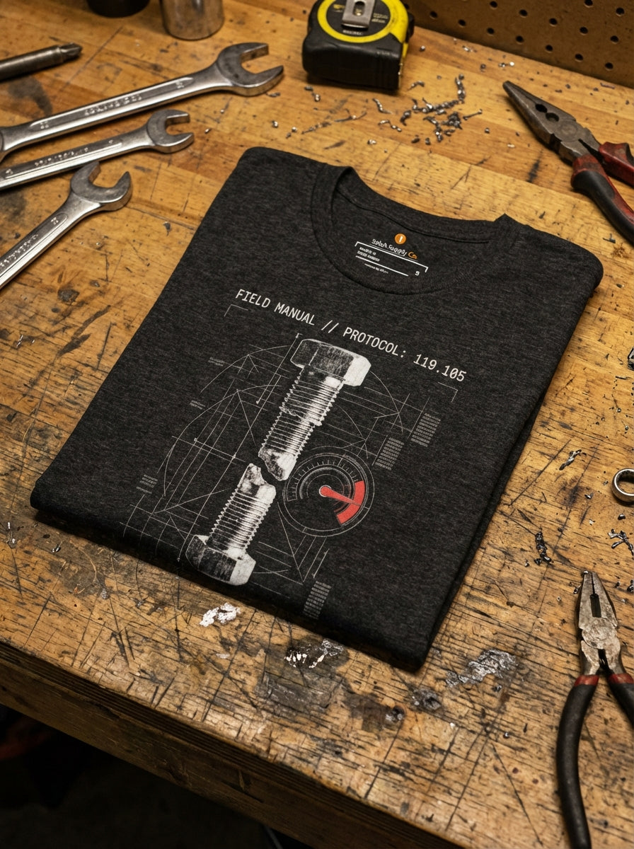 "Dark grey heather 'Torque' t-shirt laid flat on a rustic wooden workbench with industrial tools. The graphic features a detailed sheared bolt illustration and a red-zone gauge with Psalm 119:105 references, designed as a conversation-starting piece of Christian clothing."