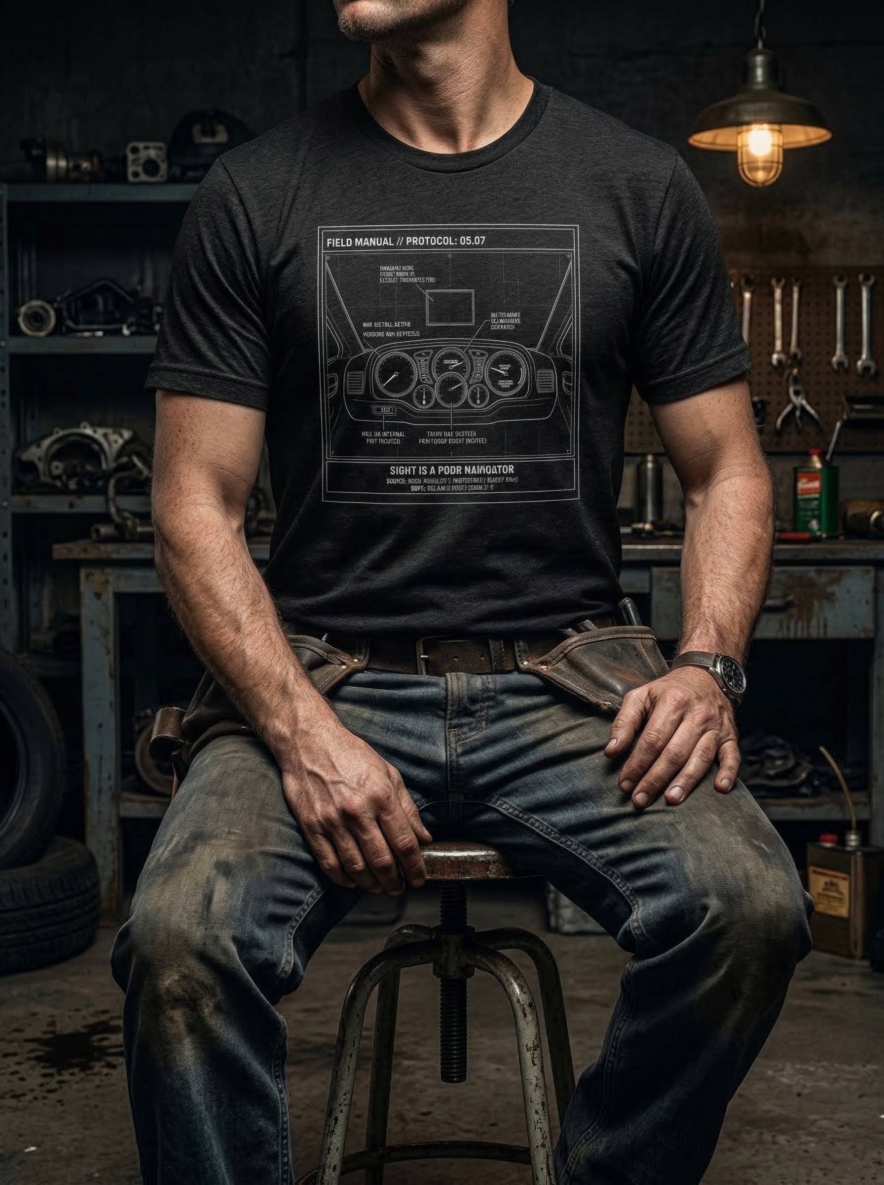 A seated model in the black heather Component Navigation tee, illustrating the 'Story of the Fog' concept from the Protocol Collection.