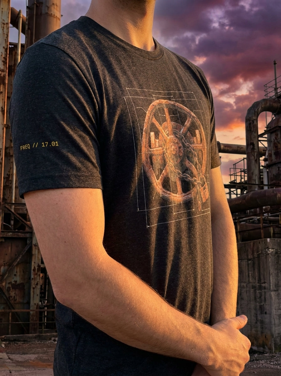 Close-up of a dark gray heather t-shirt featuring an industrial graphic print of a weathered wooden wheel bound by a metal chain and padlock, layered over a white architectural blueprint grid schematic. The sleeve features a lowercase monospace "17.01" numeric print, set against an outdoor industrial background of pipes under a sunset sky.