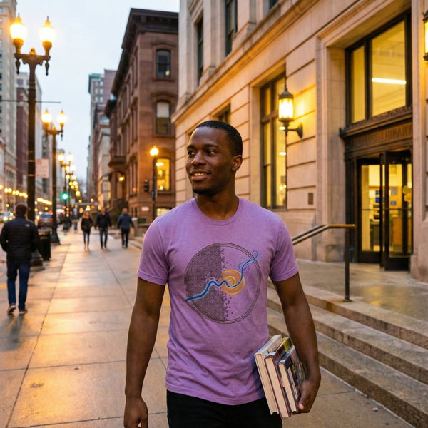 Man wearing a purple t-shirt with a graphic design, holding books, standing on a city street.