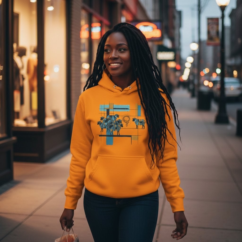 Woman wearing a yellow hoodie with a graphic design, walking on a city street at night.