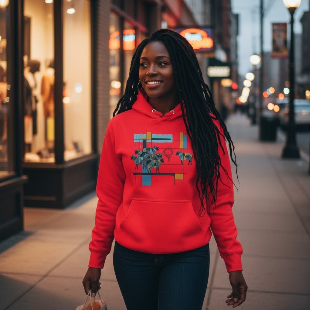 Woman wearing a red hoodie with a colorful design, standing on a city street.