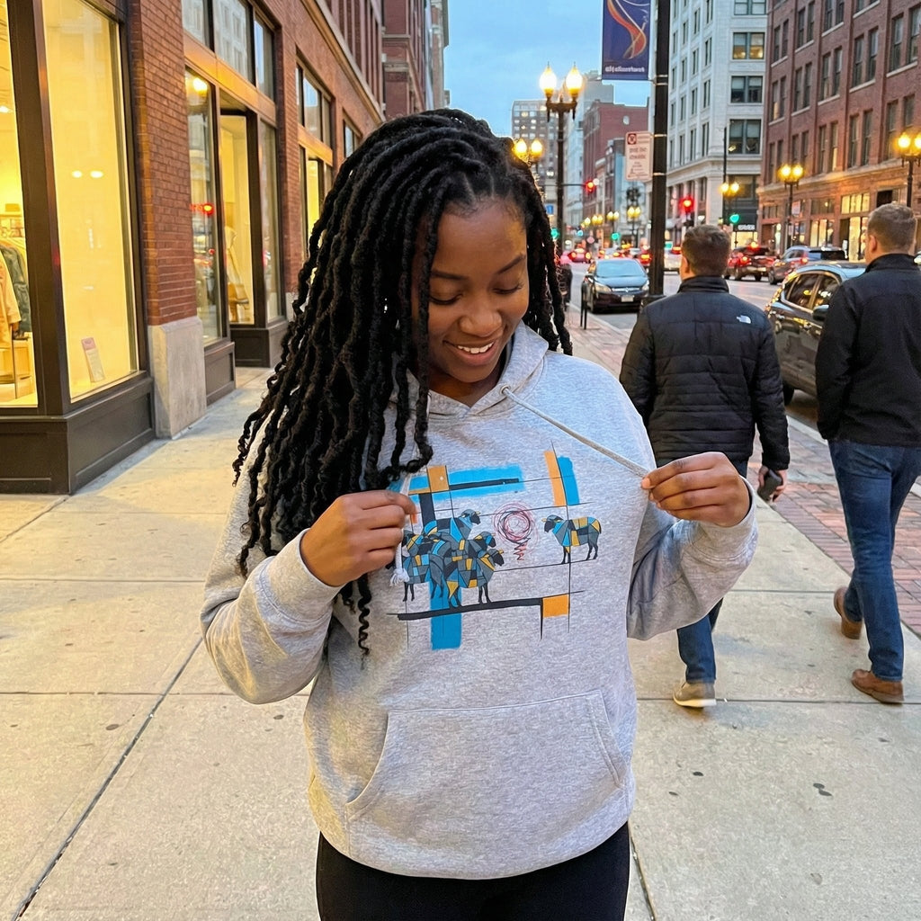Woman wearing a hoodie with a graphic design on a city street