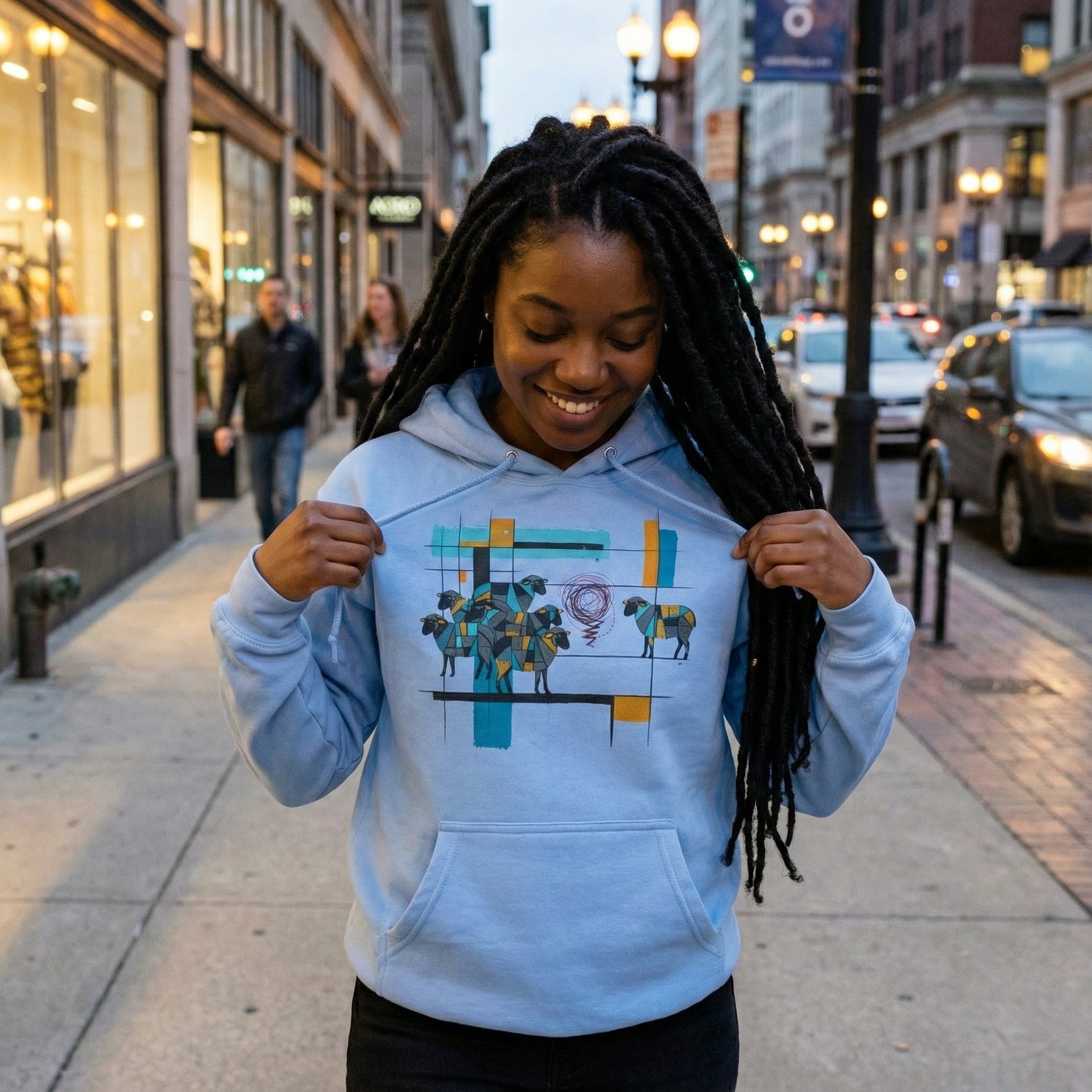 Woman wearing a light blue hoodie with a colorful design on a city street.