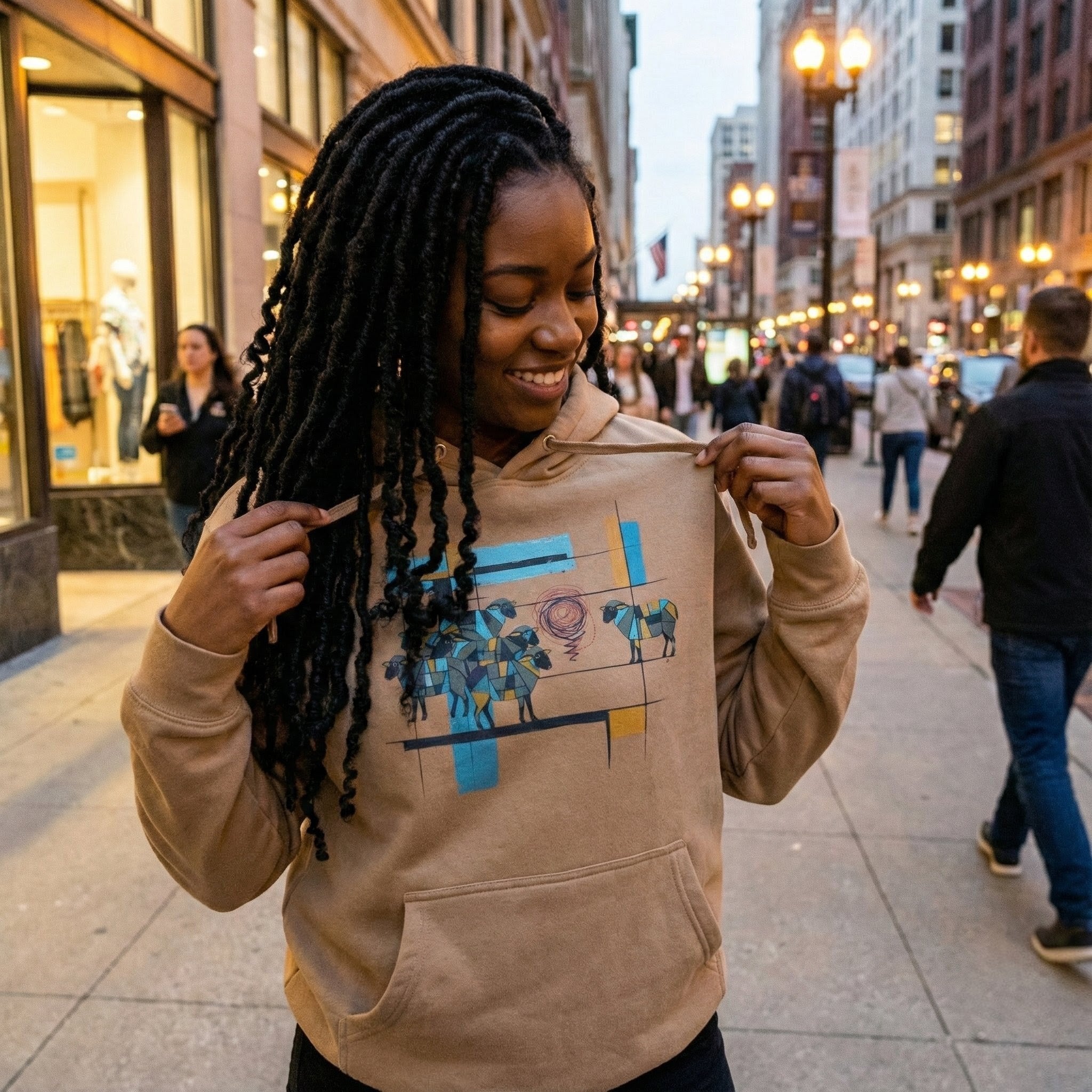 Woman holding a beige hoodie with graphic design on a city street