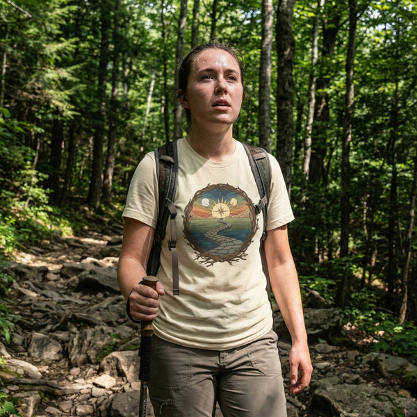 Person hiking in a forest wearing a t-shirt with a nature graphic.