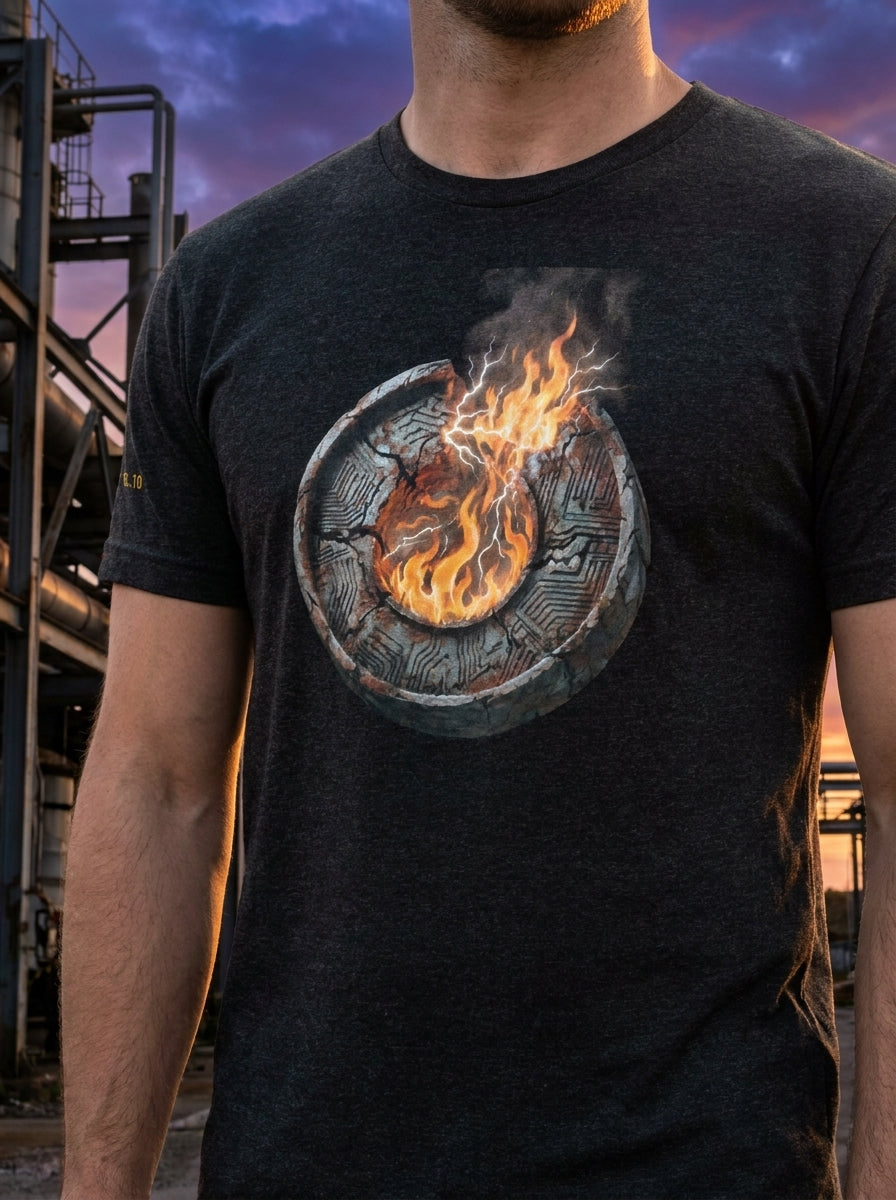 Front-facing vertical lookbook photograph of a model wearing a black premium cotton t-shirt. The garment features a large, centered circular industrial graphic emblem depicting a metallic wheel core engulfed in vivid orange and white flames. Clean focus on the chest print against a neutral background.