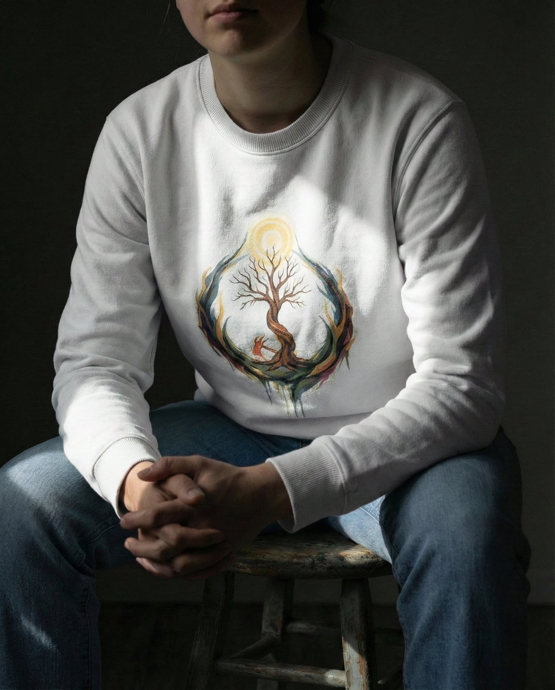 Person wearing a white sweatshirt with a colorful tree design sitting on a stool against a dark background