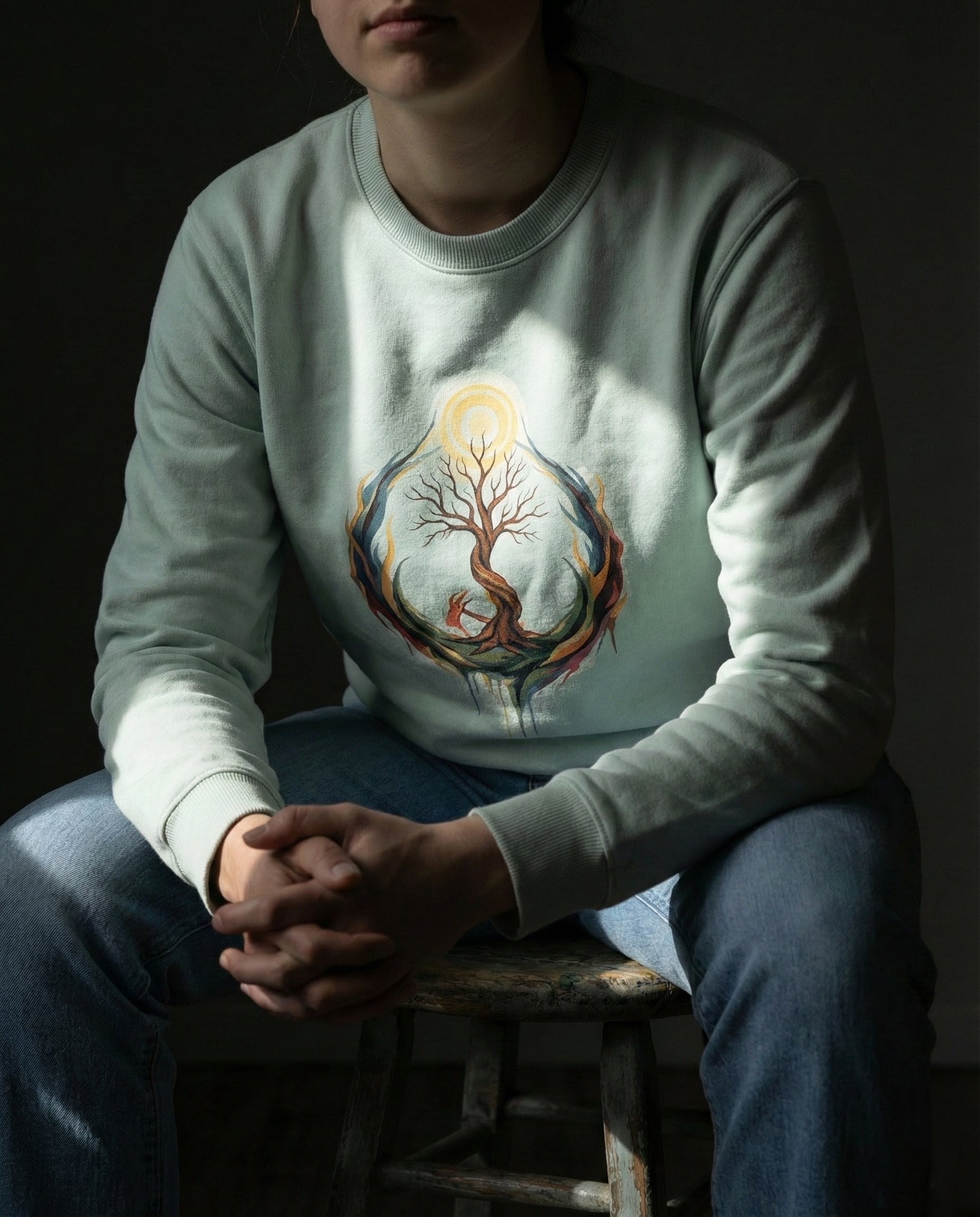 Person wearing a light gray sweatshirt with a tree design sitting on a dark background