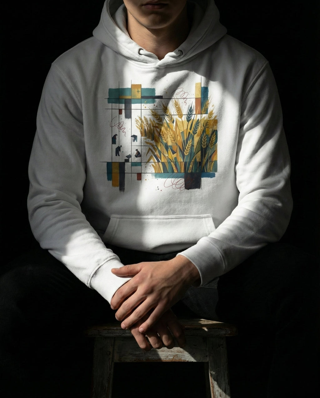 Model wearing the White Nine 37 Hoodie with gold wheat, small figures and geometric grid artwork.