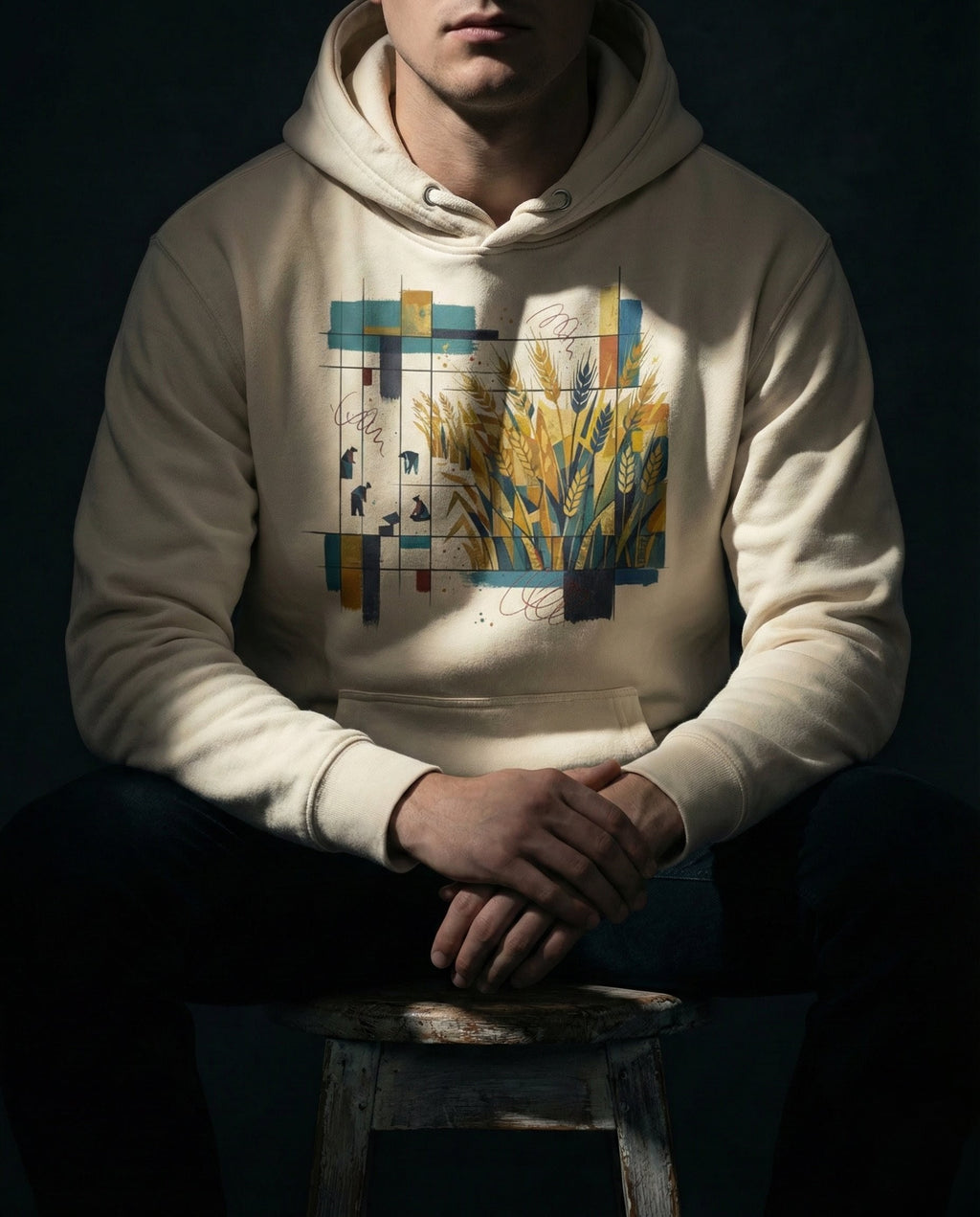 A model wearing a beige Nine 37 scripture hoodie in a dark, gritty mechanical workshop. The graphic visualizes that the harvest is plentiful but the workers are few, styled for a modern, conversation-starting Christian lifestyle