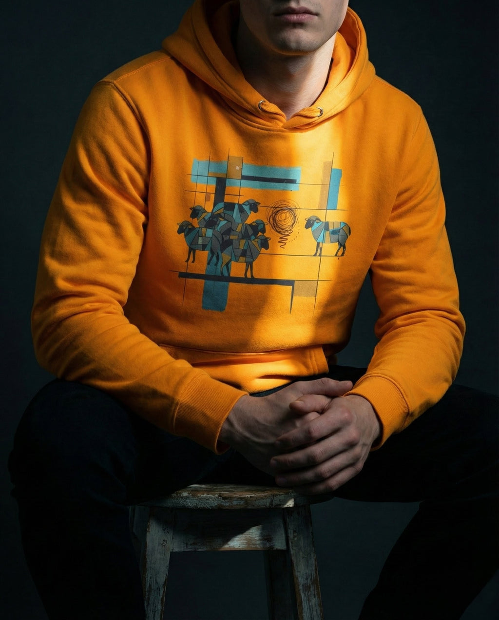 Selah Supply Co. The One Percent Hoodie in Team Gold. Model wearing a Christian graphic hoodie that visualizes the Parable of the Lost Sheep (Luke 15) through an abstract design of a blue flock, an isolated sheep, and a red scribble of chaos.