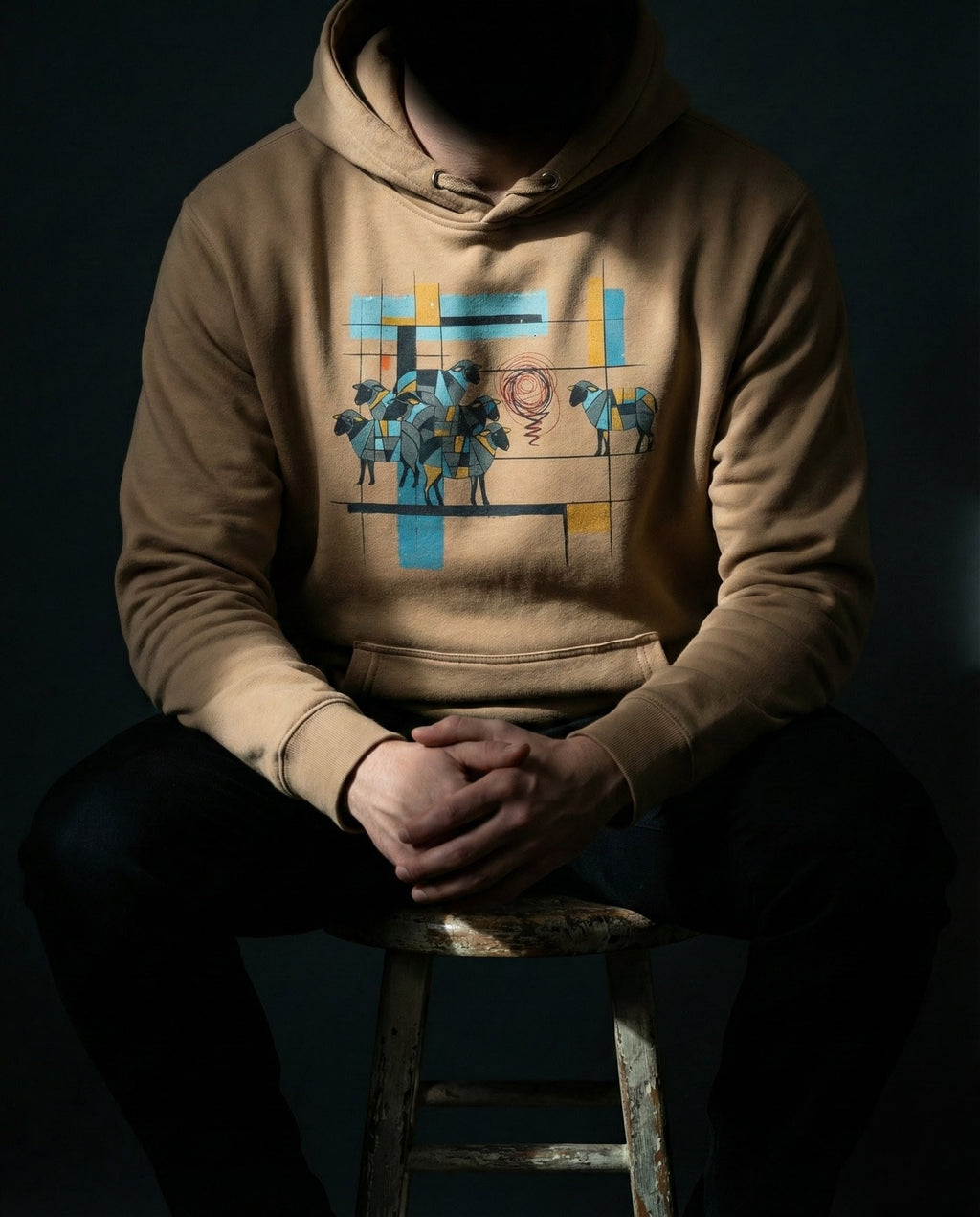 Model wearing the Latte One Percent hoodie, showing geometric sheep, blue and gold bars and a red scribble separating one sheep from the flock.