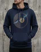 Model wearing the Navy Blazer Rewire hoodie with circular grid and spiral artwork.