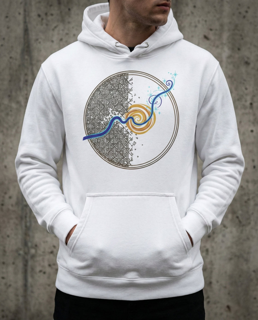 Model wearing the white Rewire hoodie with circular grid and spiral artwork.