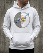 Model wearing the white Rewire hoodie with circular grid and spiral artwork.