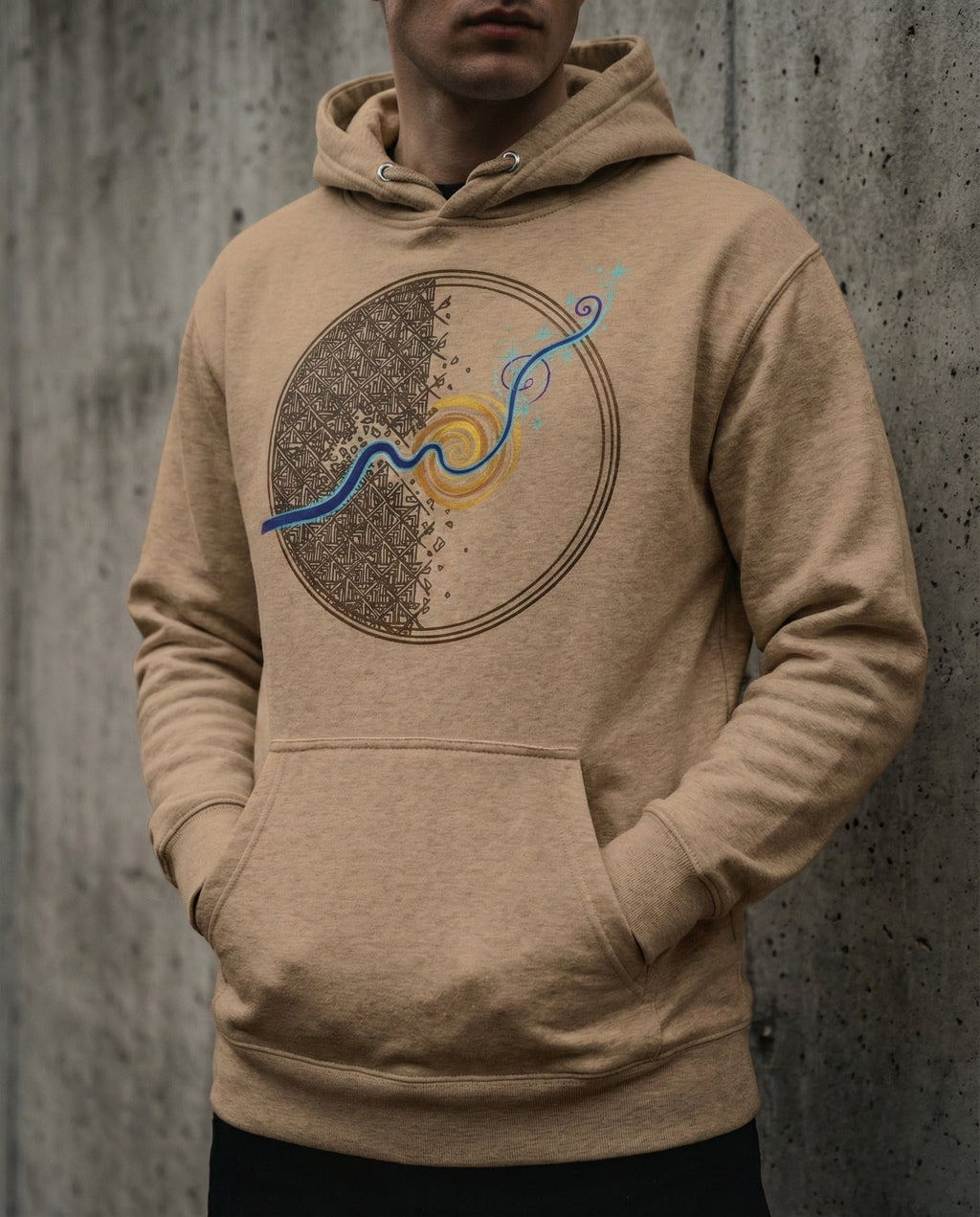 Model wearing the Latte Rewire hoodie with circular grid and spiral artwork.