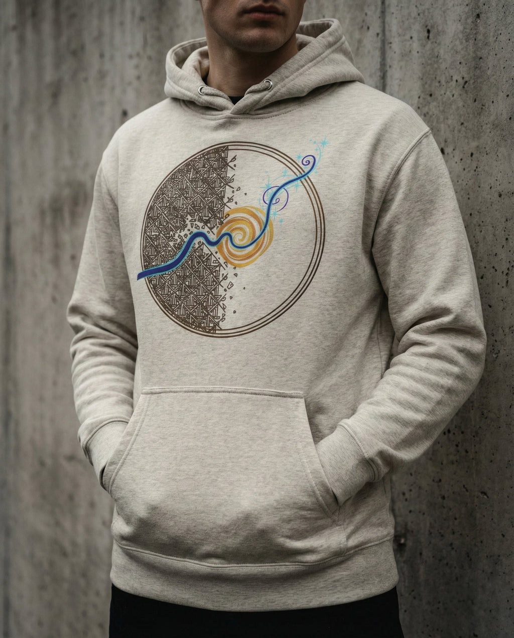Selah Supply Co. The Rewire Hoodie in Oatmeal Heather. Model wearing a Christian graphic hoodie that visualizes Romans 12:2 through an abstract design of a blue current breaking a rigid grid. Styled against a concrete wall.