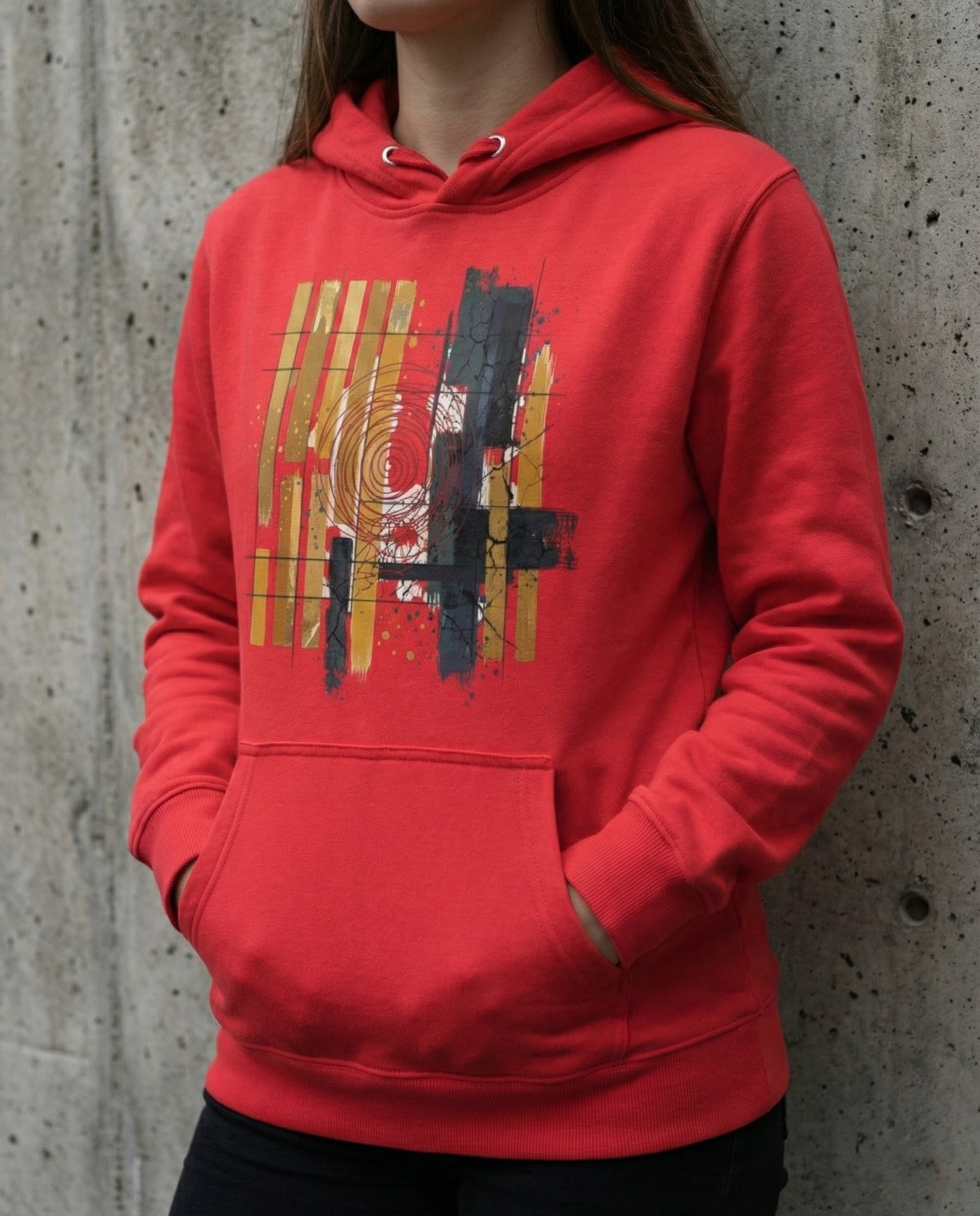 Person wearing a red hoodie with abstract design against a concrete wall